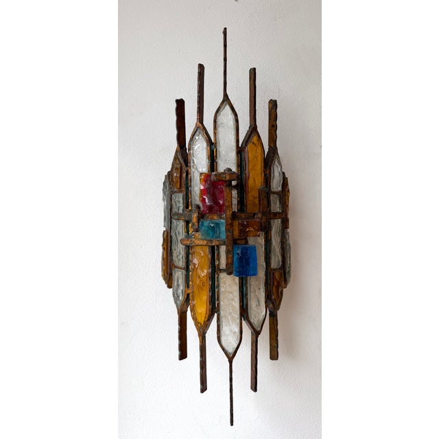 Hammered Glass Wrought Iron Sconces by Longobard, Italy, 1970s, Set of 3 For Sale - Image 6 of 12