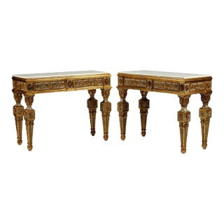 Fine Italian Neoclassical Style Carved Polychrome Painted Gilt Wood Console Tables - A Pair For Sale