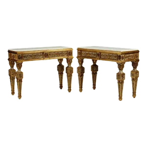 Fine Italian Neoclassical Style Carved Polychrome Painted Gilt Wood Console Tables - A Pair