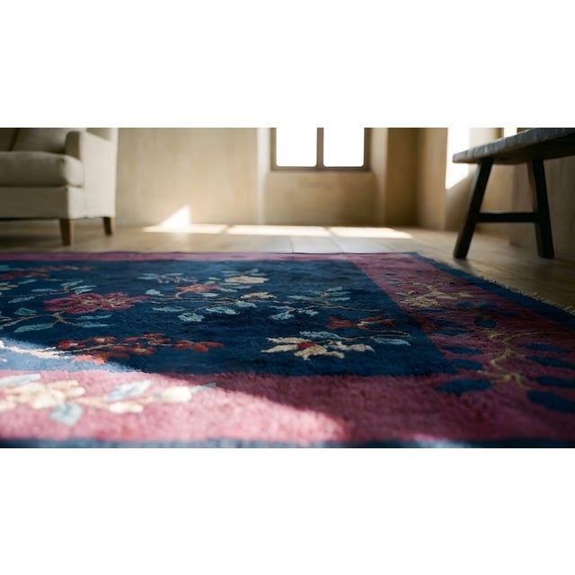 1920s Blue Navy Floral Bird Antique Chinese Art Deco Carpet 4'1" X 6'8" Knotted Wool Rug For Sale - Image 13 of 14