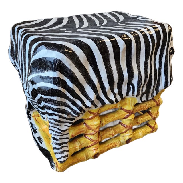 Vintage Italian Glazed Terracotta Faux Bamboo/Zebra Garden Stool - 1960's For Sale