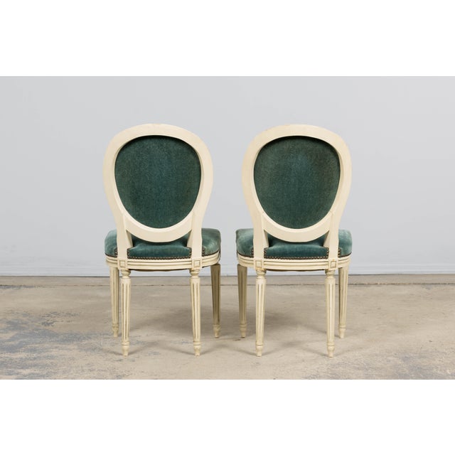 Antique French Louis XVI Style Painted Dining Chairs in Teal Mohair - Set of 8 For Sale - Image 18 of 18