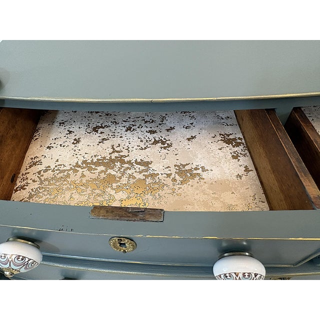 Antique Sheraton Style Bowfront Chest of Six Drawers With Locks and Key, New Paint and Knobs For Sale - Image 9 of 18