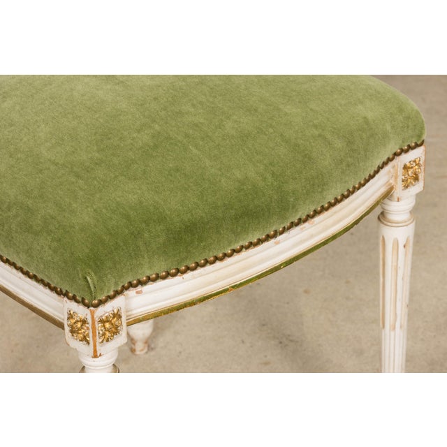 Antique French Louis XVI Style Painted Accent Chair in Moss Green Mohair For Sale - Image 12 of 18