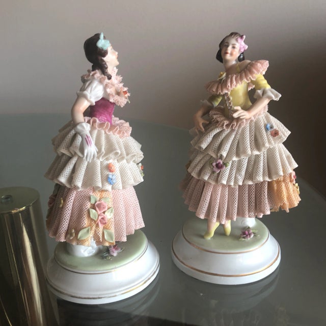 Vanilla 1940s Female Porcelain Figurines With Dresden Lace - a Pair For Sale - Image 8 of 10