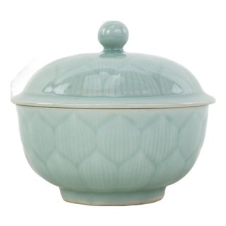 Vintage Chinese Celadon Green Lotus Flower Carved Porcelain Covered Bowl For Sale