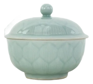 Vintage Chinese Celadon Green Lotus Flower Carved Porcelain Covered Bowl
