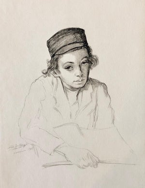 Paul Jeffay, Judaica Jewish Shtetl Etching Hasidic Youth at Study Vintage Chassidic Art Print, 1935