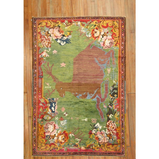 Early 20th Century Green Pictorial Deer Rug - 4'8" x 6'9" For Sale - Image 9 of 9