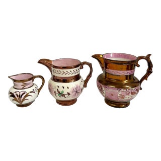 Antique English Pink Lusterware Pitchers- Set of 3 For Sale