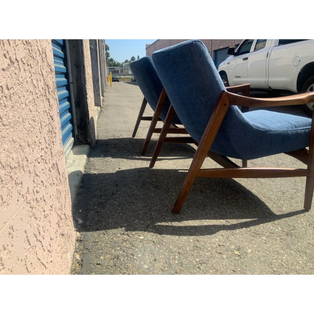 Blue Blue Chenille Mid-Century Lounge Chairs Solid Walnut Frames. - Pair For Sale - Image 8 of 11