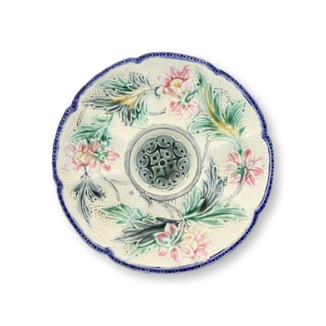 Exquisite set of Antique French Barbotine Majolica Oyster Plates. Crafted with intricate artistry, each plate tells a...
