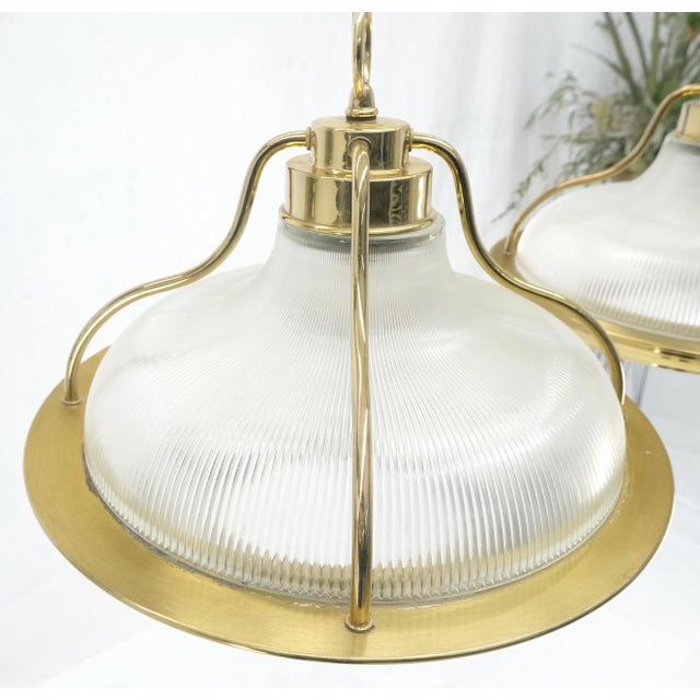 Pair of Round Brass Ribbed Glass Long Chain Light Fixture Pendants MCM For Sale - Image 12 of 12