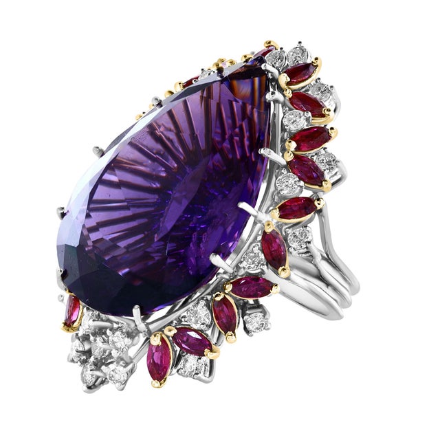 32X23 MM PEAR Amethyst , Diamond & Ruby 14 Kt Yellow Gold Cocktail Ring, 1960's For Sale - Image 17 of 18