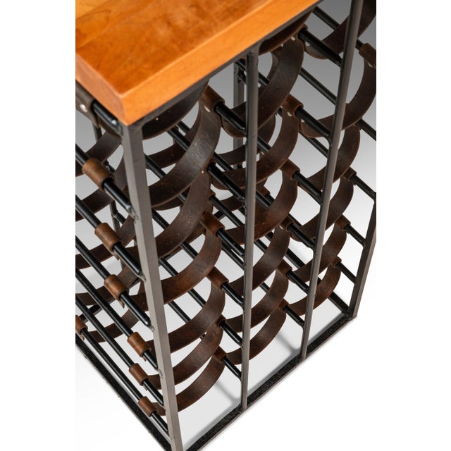 Mid-Century Modern 21 Bottle Wine Rack in Leather & Wrought Iron W/ Butcher Block Top Attributed to Arthur Umanoff, Usa, C. 1960s For Sale - Image 18 of 18