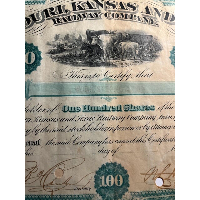 Antique 1882 Missouri-Kansas-Texas Railway Stock Certificate 100 Shares Framed For Sale - Image 9 of 12