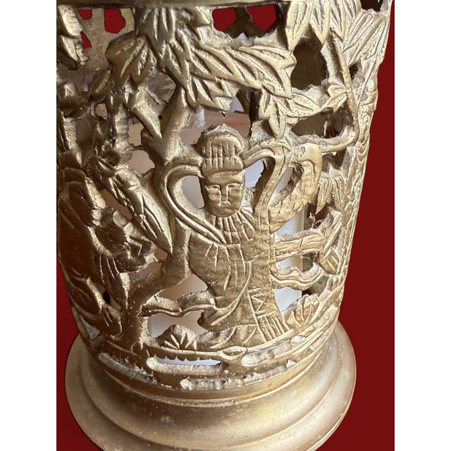 Brass Vintage Brass Chinese Immortal Lanterns Pair-Candle-Incense Holders-Asian-Boho For Sale - Image 8 of 11