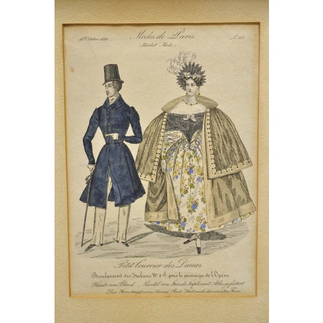 French 1830s Victorian Lithograph Print Couple Fashion Gown in Mahogany Frames - a Pair. Item features original 1830s...