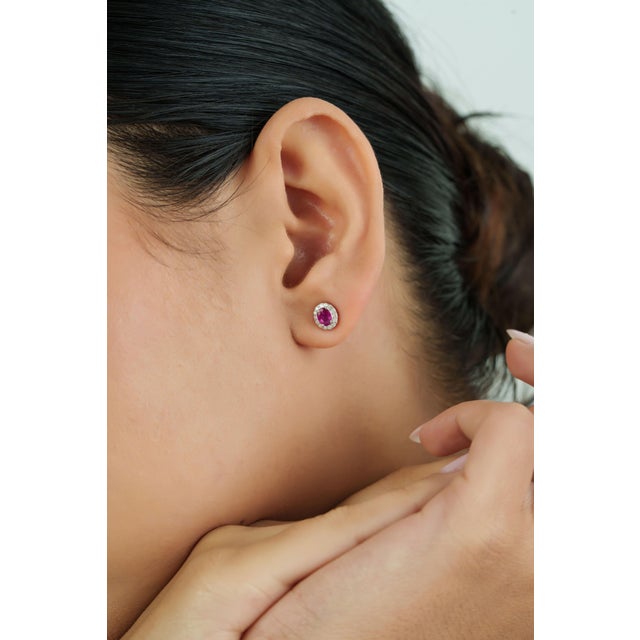 Not Yet Made - Made To Order 18k White Gold Natural Oval-Cut Vivid Red Ruby & Diamond Halo Stud Earrings- A Pair For Sale - Image 5 of 15