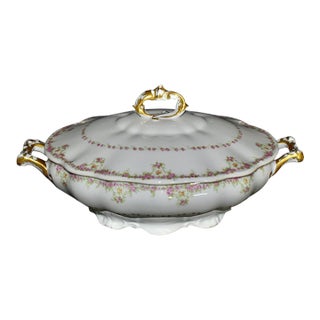 Antique Wm Guerin Limoges Covered Soup Tureen Serving Dish Pink Roses Gold Trim For Sale