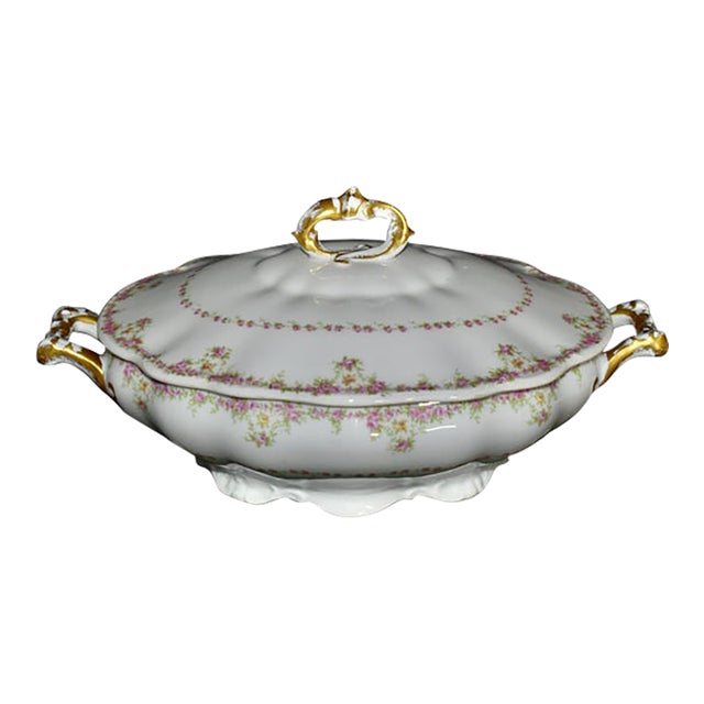 Antique Wm Guerin Limoges Covered Soup Tureen Serving Dish Pink Roses Gold Trim For Sale