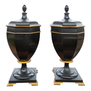 Pair Edwardian Ebonized Mahogany & Gilt Decorated Cutlery Covered Urns, C. 1910