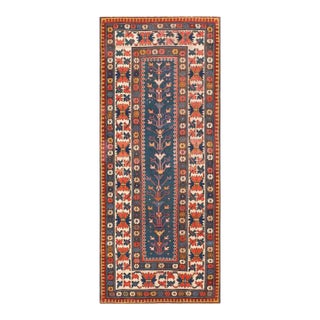 1880s Blue Navy Tribal Tree of Life Antique Caucasian Kazak Rug 3'7" X 8'2" Handknotted Wool Carpet For Sale