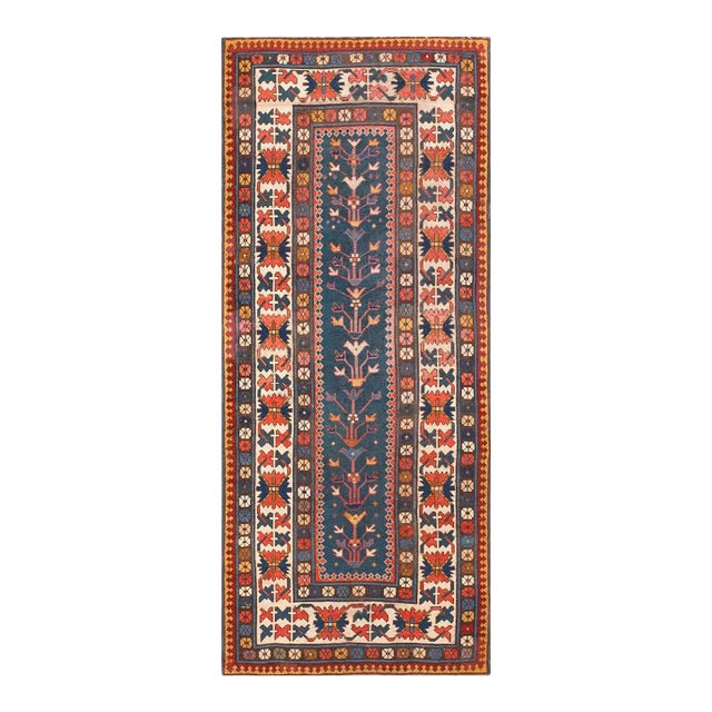 1880s Blue Navy Tribal Tree of Life Antique Caucasian Kazak Rug 3'7" X 8'2" Handknotted Wool Carpet For Sale
