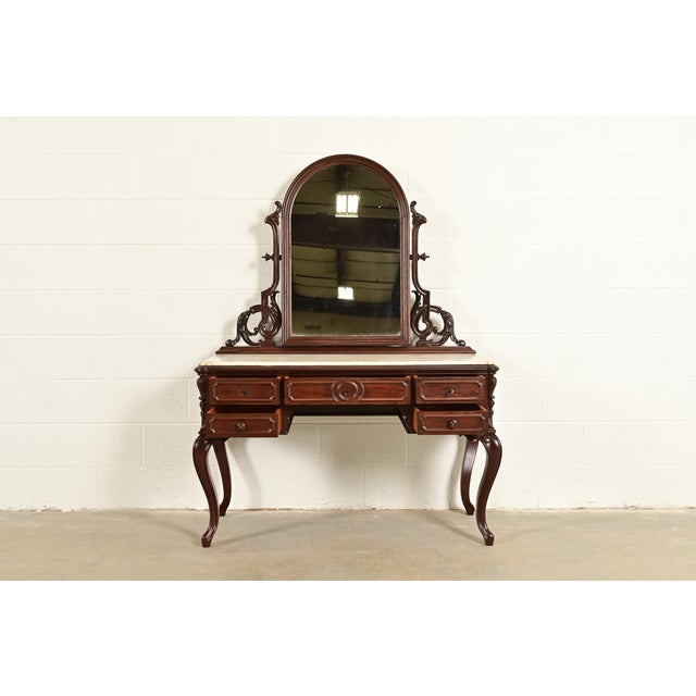 Alexander Roux Antique French Rococo Carved Mahogany and Marble Top Vanity Dressing Table With Mirror, Newly Refinished For Sale - Image 4 of 14