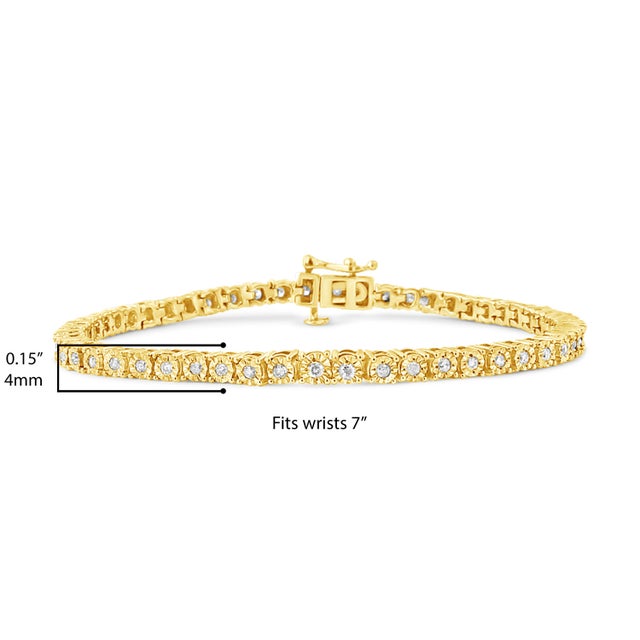 Metal 10K Yellow Gold Plated .925 Sterling Silver 1.0 Cttw Miracle-Set Diamond Round Faceted Bezel Tennis Bracelet (I-J Color, I3 Clarity) - 5" For Sale - Image 7 of 7
