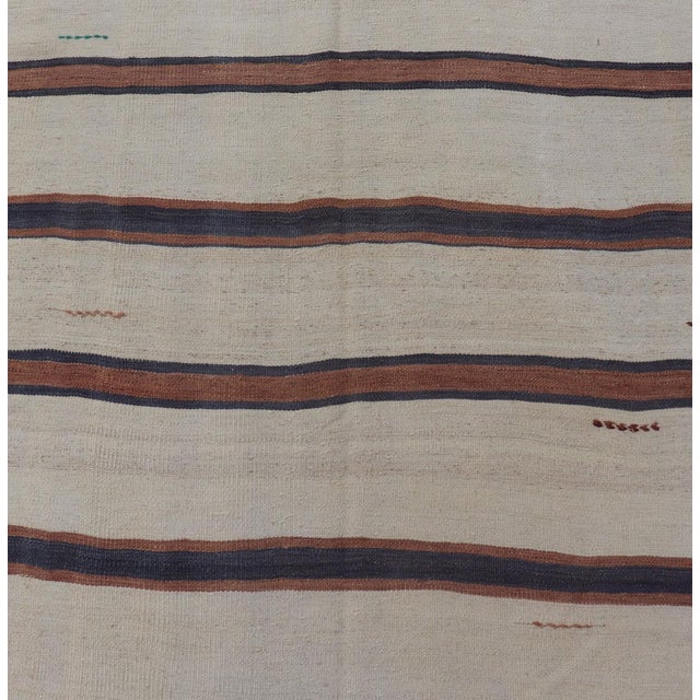 Turkish Vintage Kilim Rug Ivory Brown Striped Anatolian Flatweave Wool For Sale - Image 4 of 12