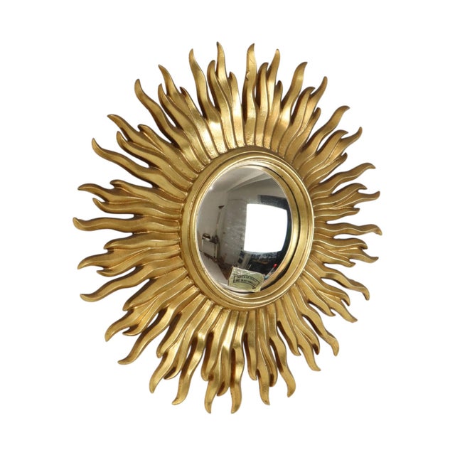 Gold Vintage Gold-Leaf Gilt Sunburst Convex Mirror, 1960s For Sale - Image 8 of 18