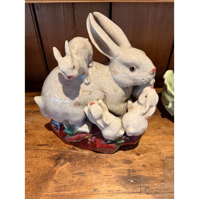 Ceramic Glazed Rabbit Family Centerpiece Majolica For Sale - Image 4 of 10