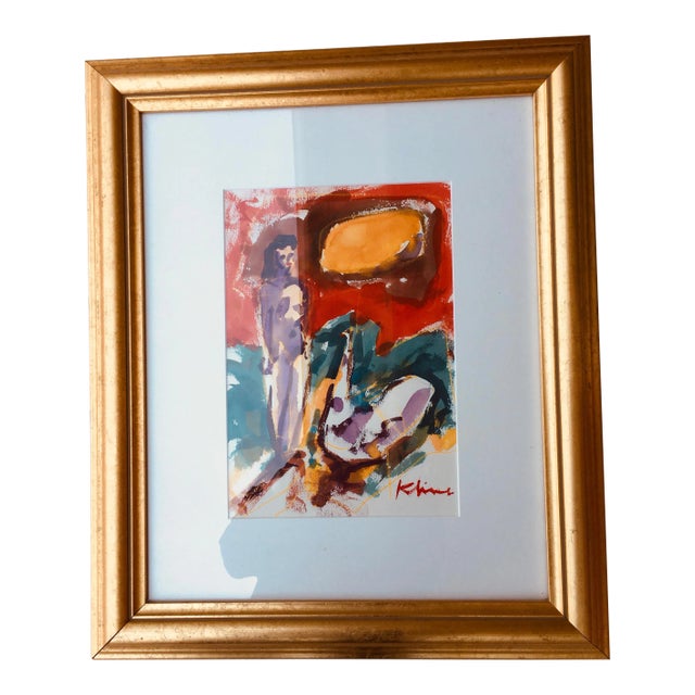 1990s Expressionist Style Figurative Watercolor Painting Signed Howard Kline, Framed For Sale