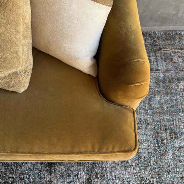 Modern English Sofa in a Caramel Mustard Faux Velvet Mohair With Down Cushion For Sale - Image 9 of 10
