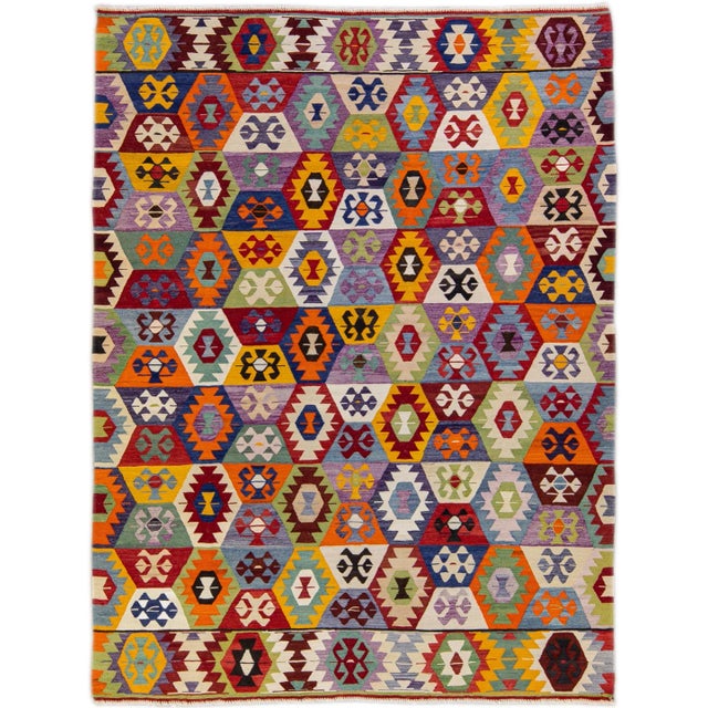 Vintage Turkish Kilim Flatweave Multicolor Geometric Designed Wool Rug For Sale - Image 9 of 9