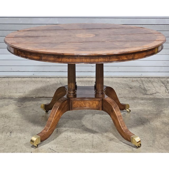 Traditional Theodore Alexander Regency Style Flame Mahogany Round Expanding Dining Table For Sale - Image 3 of 13