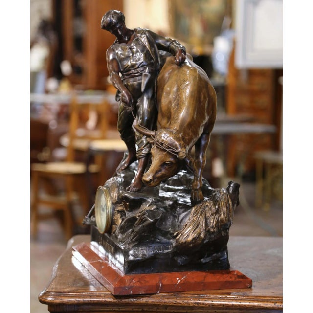 Decorate an office with this large, patinated white metal sculpture with clock titled "La Moisson" (the harvest). Crafted...