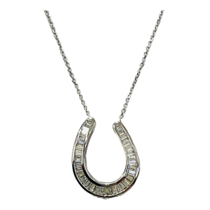 White Diamond Baguette Horseshoe Pendant Necklace in 18k White Gold
