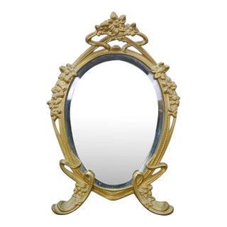 Antique Victorian Art Nouveau Gilt Brass Tabletop Vanity Dressing Mirror 14" For Sale