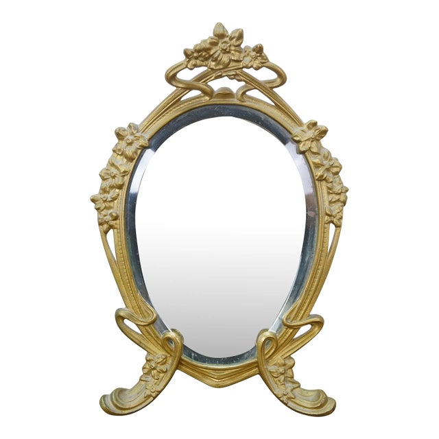 Antique Victorian Art Nouveau Gilt Brass Tabletop Vanity Dressing Mirror 14" For Sale