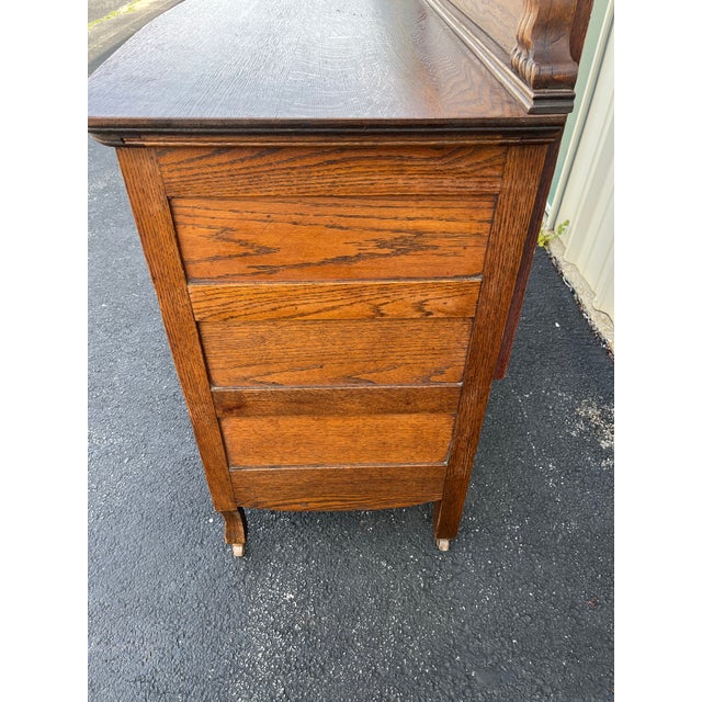 Brown Early American Tiger Oak Dresser With Carved Swan Mirror For Sale - Image 8 of 12