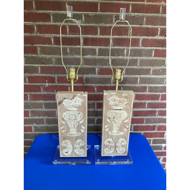 Gray Pair Antique Bleached Marquetry Architectural Fragment Lamps W/Lucite Bases For Sale - Image 8 of 9