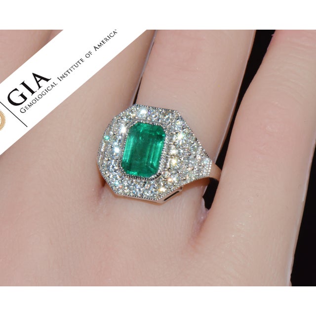 Metal Gia Certified 3.98ct Natural Zambian Emerald & Diamond Tiered Halo Milgrain 18k White Gold Ring, Size 6.5 For Sale - Image 7 of 16