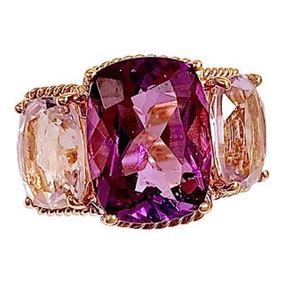 Christina Addison Elegant Three Stone Amethyst Ring With Gold Rope Twist Border For Sale