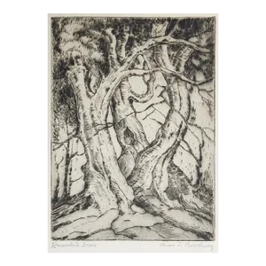 Vintage 1930s Charles Bowling Knurled Trees Dry Point Etching