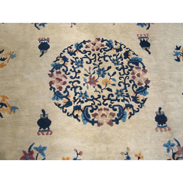 1930s Beige Floral Medallion Antique Chinese Peking Rug 8' 0" X 10' 0" Handknotted Wool Carpet For Sale - Image 4 of 6