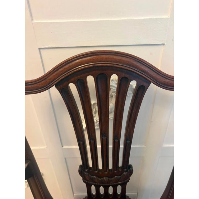 Antique Victorian Hepplewhite Mahogany Shield Back Dining Chairs with Carvers in Tan Leather, 1890, Set of 8 For Sale - Image 17 of 18