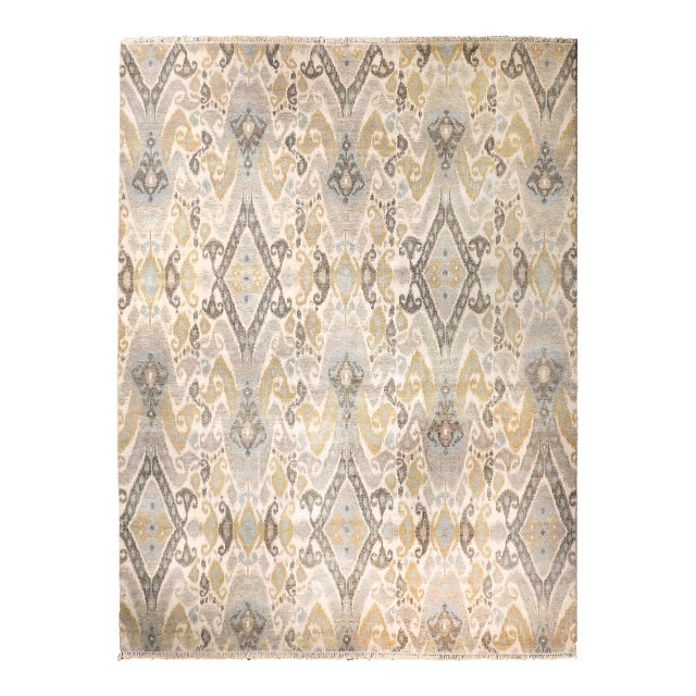 Hand Knotted Rug of Ikat Design in Soft Color Palette. For Sale