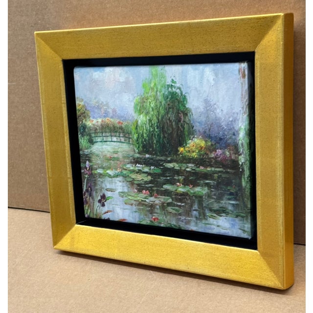 2000 - 2009 "Monet's Garden" Oil Painting on Canvas in Gold Tone Metal Leaf Frame For Sale - Image 5 of 6